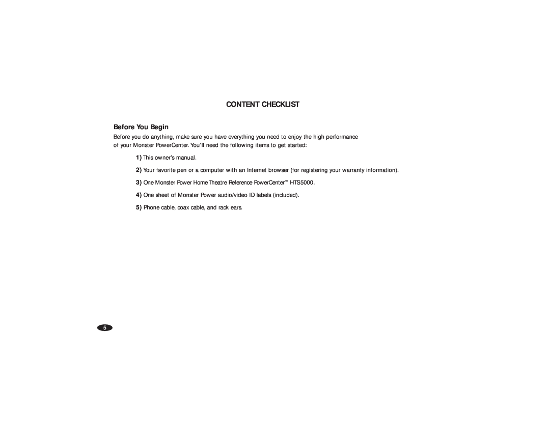 Monster Cable HTS5000 owner manual Content Checklist, Before You Begin 