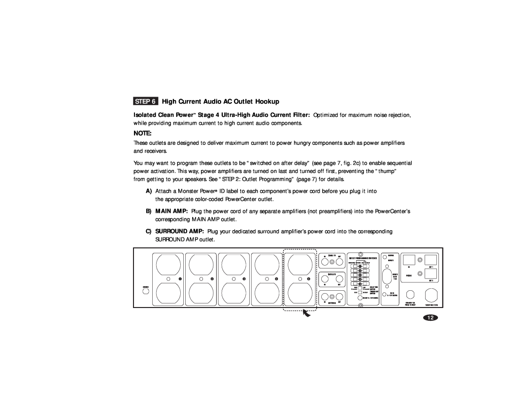Monster Cable HTS5000 owner manual High Current Audio AC Outlet Hookup, Outlet Programming Switches, Satellite 