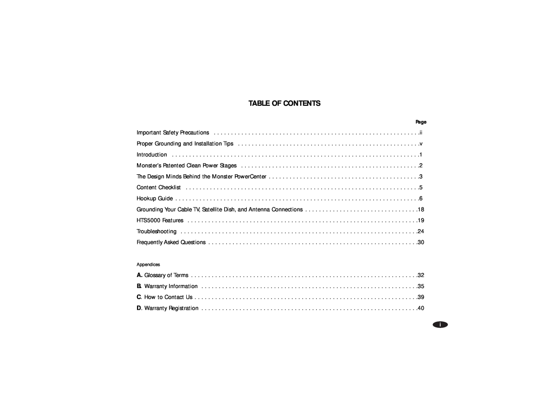 Monster Cable HTS5000 owner manual Table Of Contents 