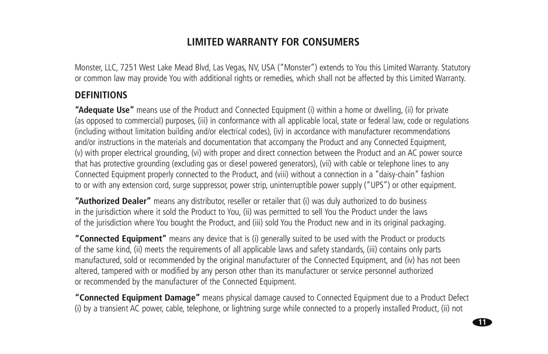 Monster Cable HTS950 owner manual Limited Warranty for Consumers, Definitions 