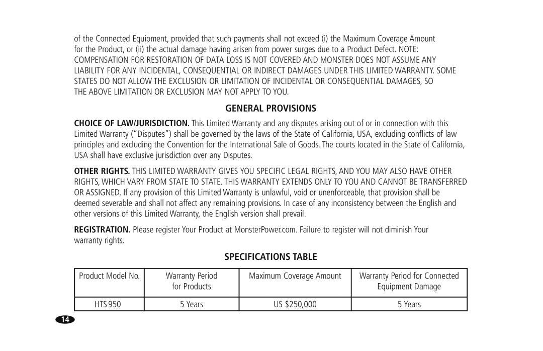 Monster Cable HTS950 owner manual General Provisions, Specifications Table 