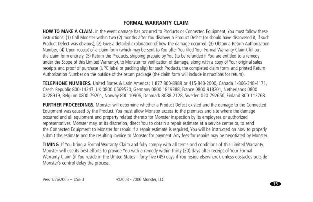 Monster Cable HTS950 owner manual Formal Warranty Claim 