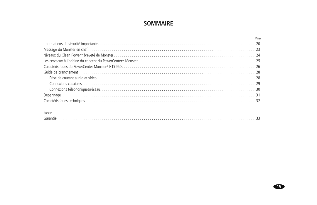 Monster Cable HTS950 owner manual Sommaire 