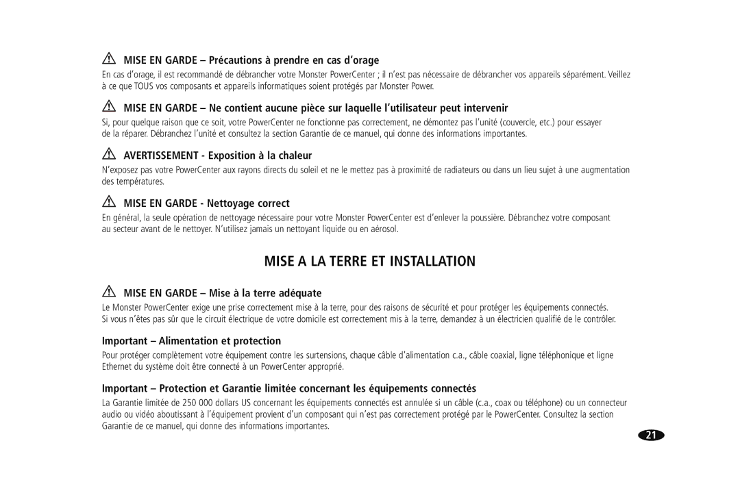 Monster Cable HTS950 owner manual Mise a LA Terre ET Installation, Mise EN Garde Précautions à prendre en cas d’orage 