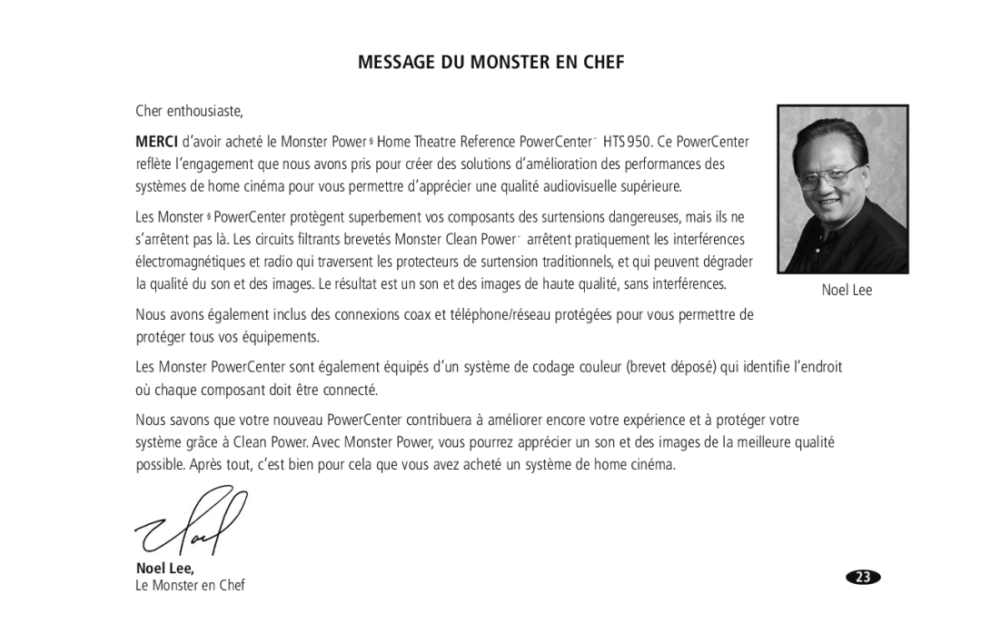 Monster Cable HTS950 owner manual Message DU Monster EN Chef, Noel Lee Le Monster en Chef 