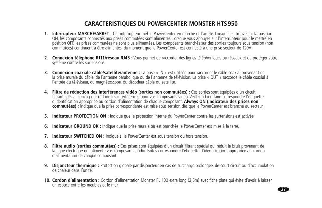 Monster Cable HTS950 owner manual Caracteristiques DU Powercenter Monster HTS 