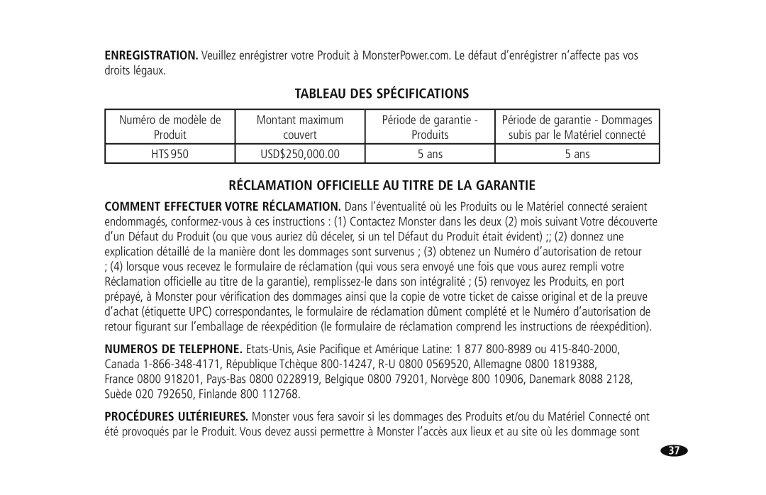 Monster Cable HTS950 owner manual Tableau DES Spécifications, Réclamation Officielle AU Titre DE LA Garantie 