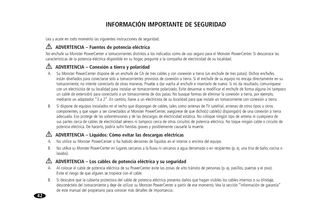 Monster Cable HTS950 owner manual Información Importante DE Seguridad, Advertencia Fuentes de potencia eléctrica 