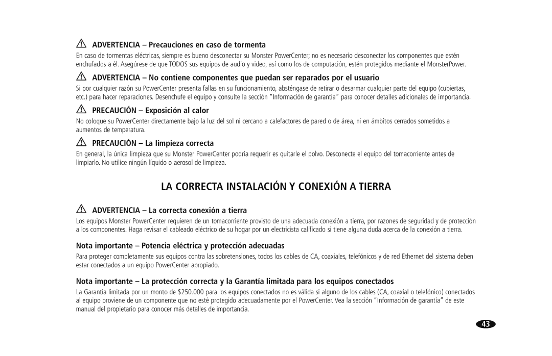 Monster Cable HTS950 owner manual LA Correcta Instalación Y Conexión a Tierra, Advertencia Precauciones en caso de tormenta 