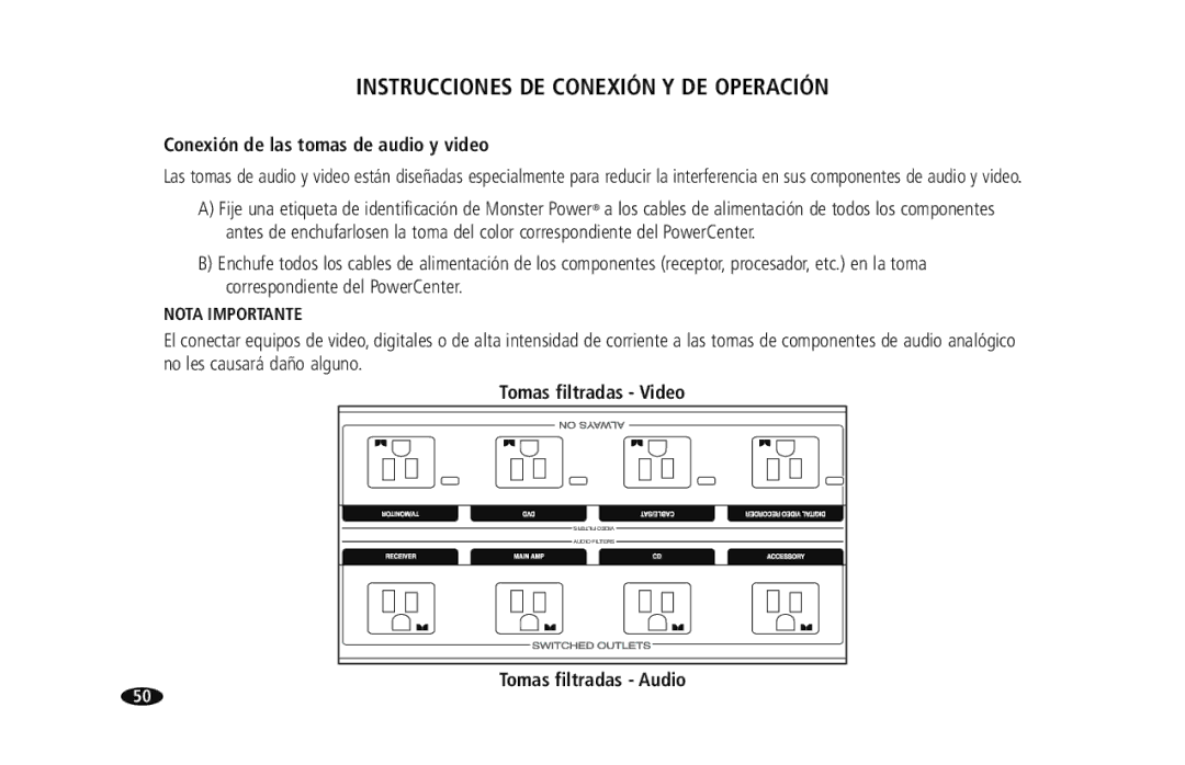 Monster Cable HTS950 owner manual Instrucciones DE Conexión Y DE Operación, Conexión de las tomas de audio y video 