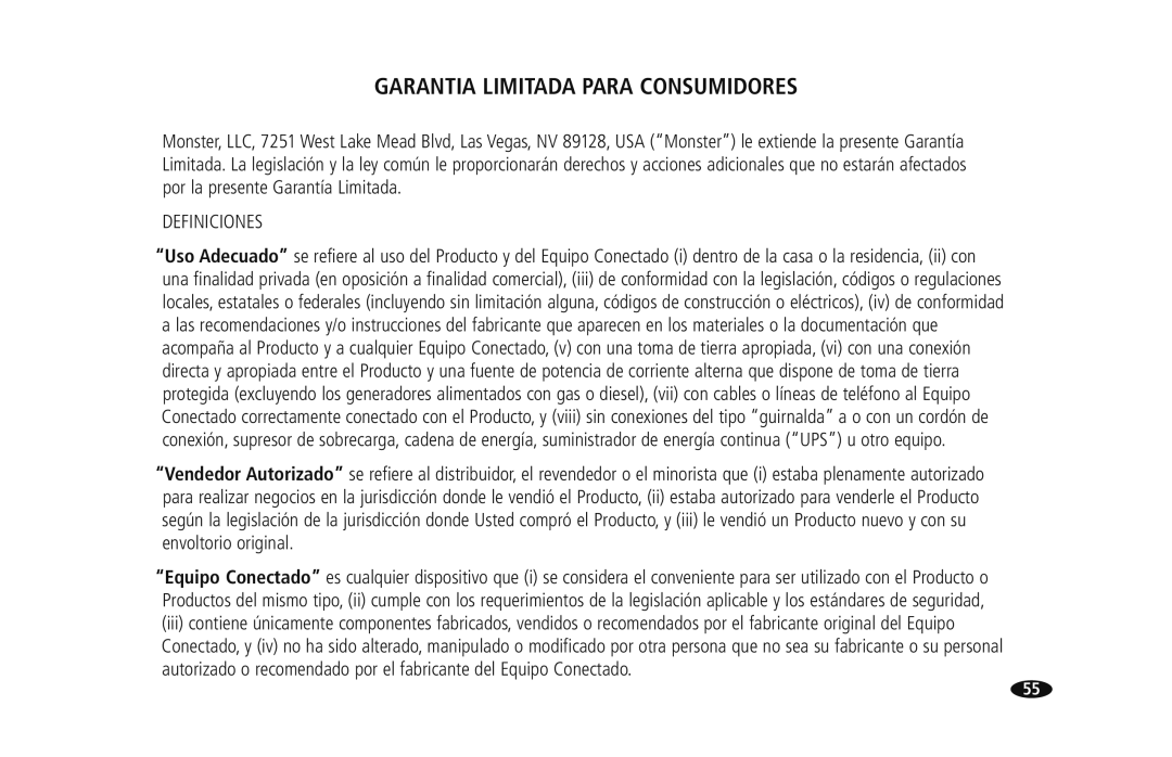 Monster Cable HTS950 owner manual Garantia Limitada Para Consumidores, Definiciones 