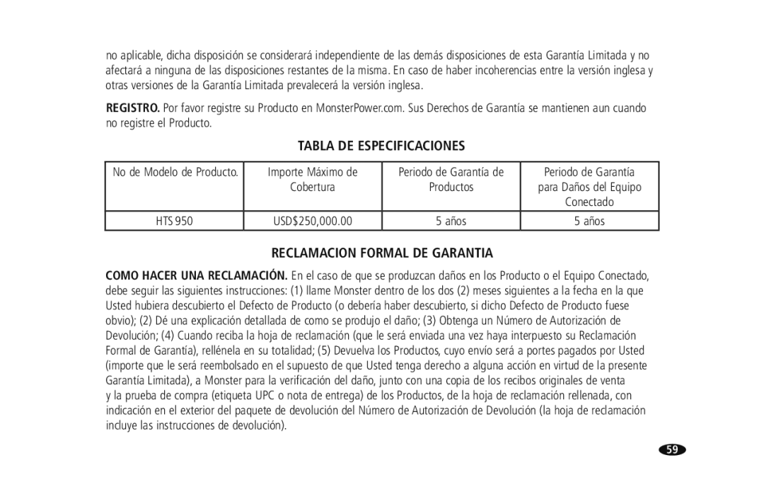 Monster Cable HTS950 owner manual Tabla DE Especificaciones, Reclamacion Formal DE Garantia 