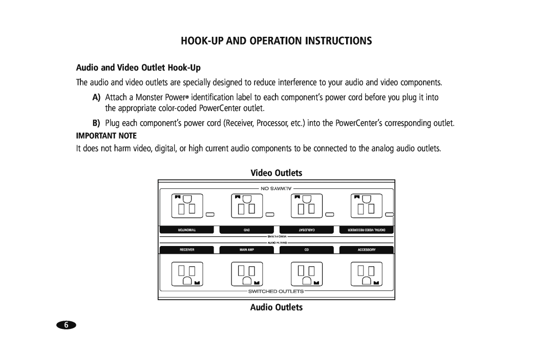 Monster Cable HTS950 Hook-Upand Operation Instructions, Audio and Video Outlet Hook-Up, Video Outlets, Audio Outlets 