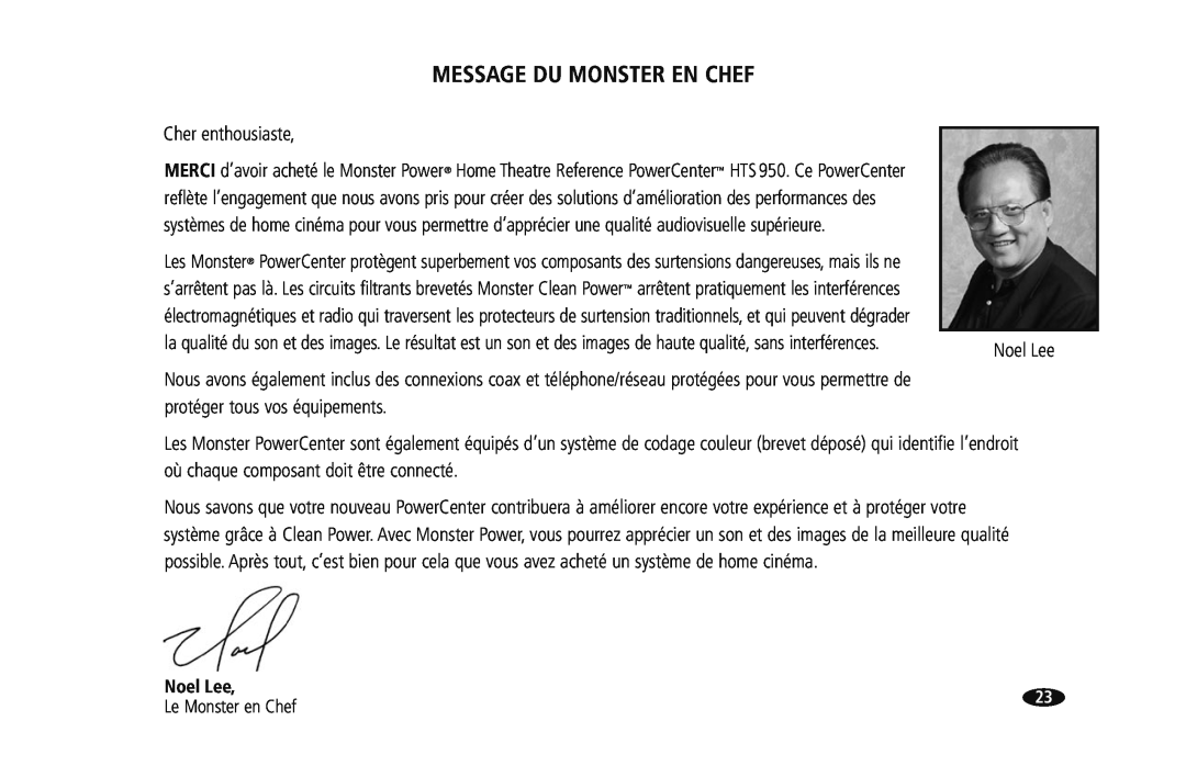 Monster Cable HTS950 owner manual Message Du Monster En Chef, Le Monster en Chef, Noel Lee 