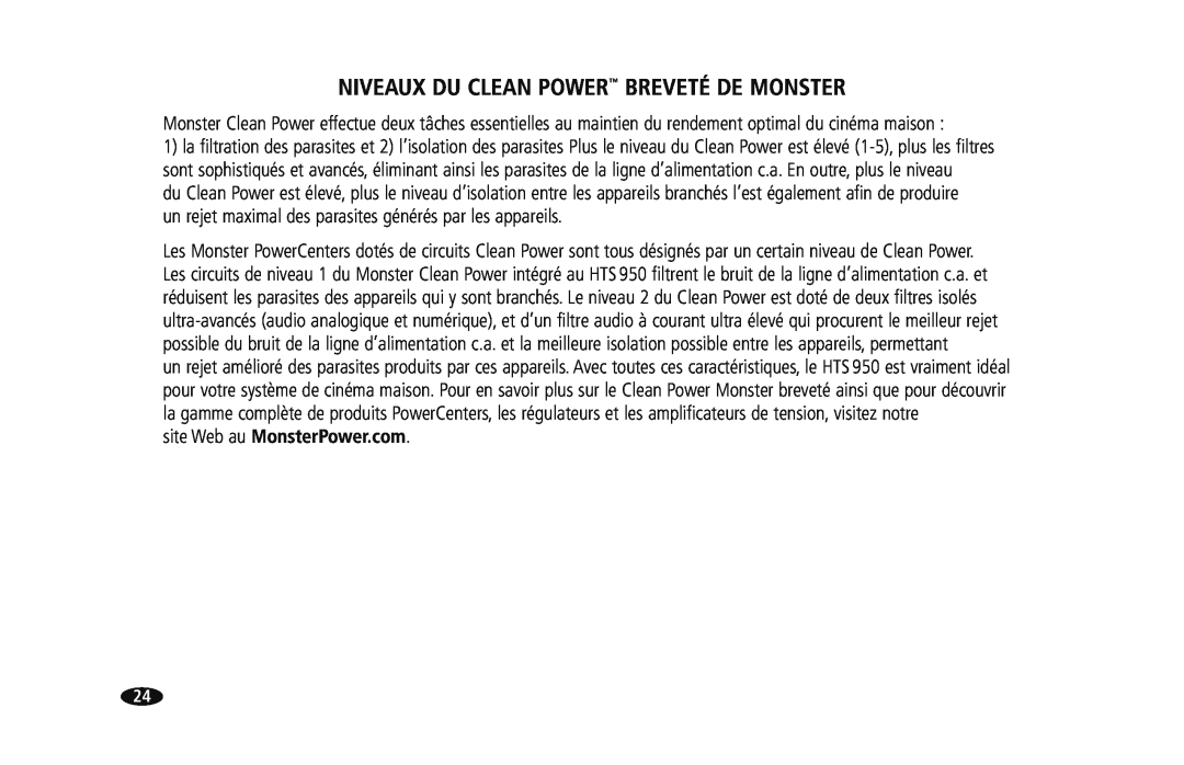 Monster Cable HTS950 owner manual Niveaux Du Clean Power Breveté De Monster, site Web au MonsterPower.com 