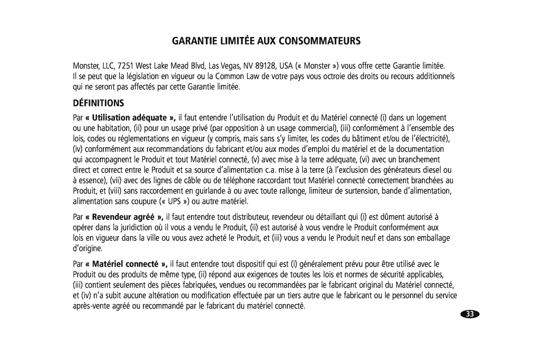 Monster Cable HTS950 owner manual Garantie Limitée Aux Consommateurs, Définitions 