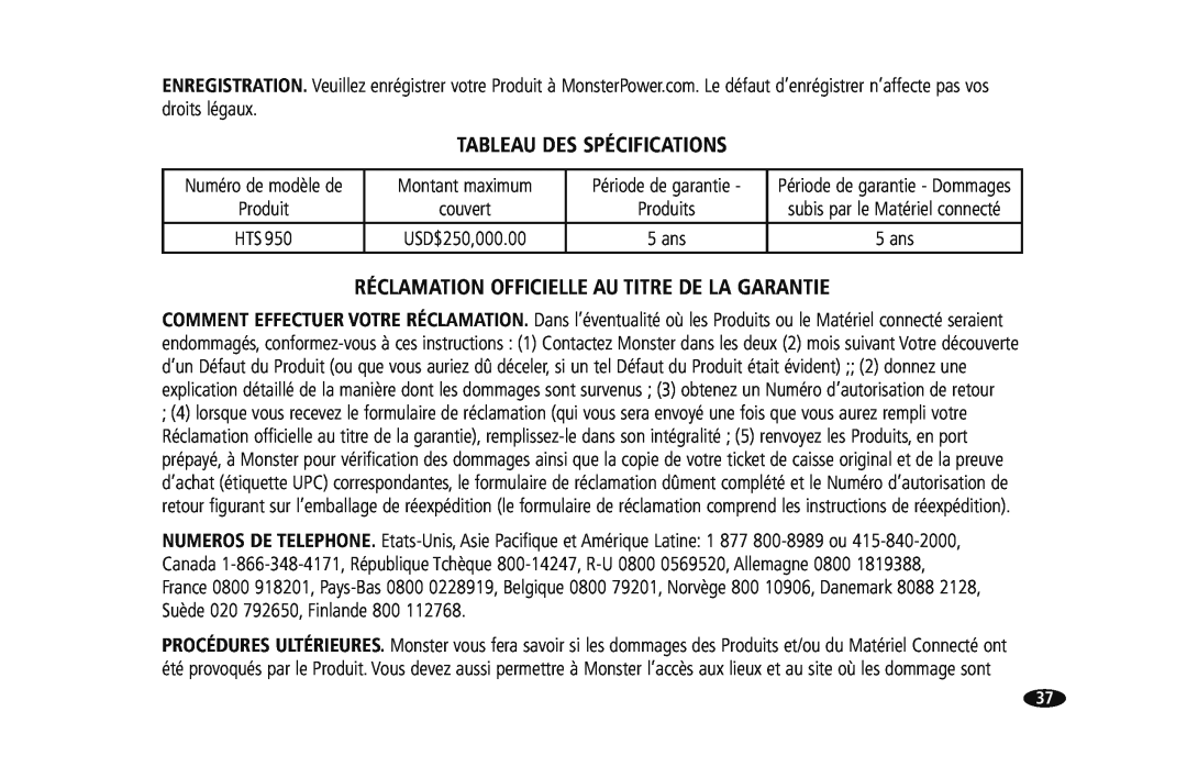 Monster Cable HTS950 Tableau Des Spécifications, Réclamation Officielle Au Titre De La Garantie, Montant maximum 
