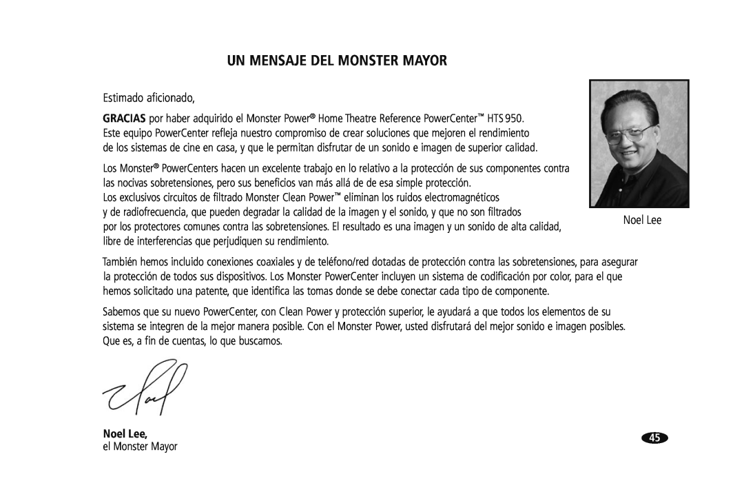 Monster Cable HTS950 owner manual Un Mensaje Del Monster Mayor, Noel Lee 