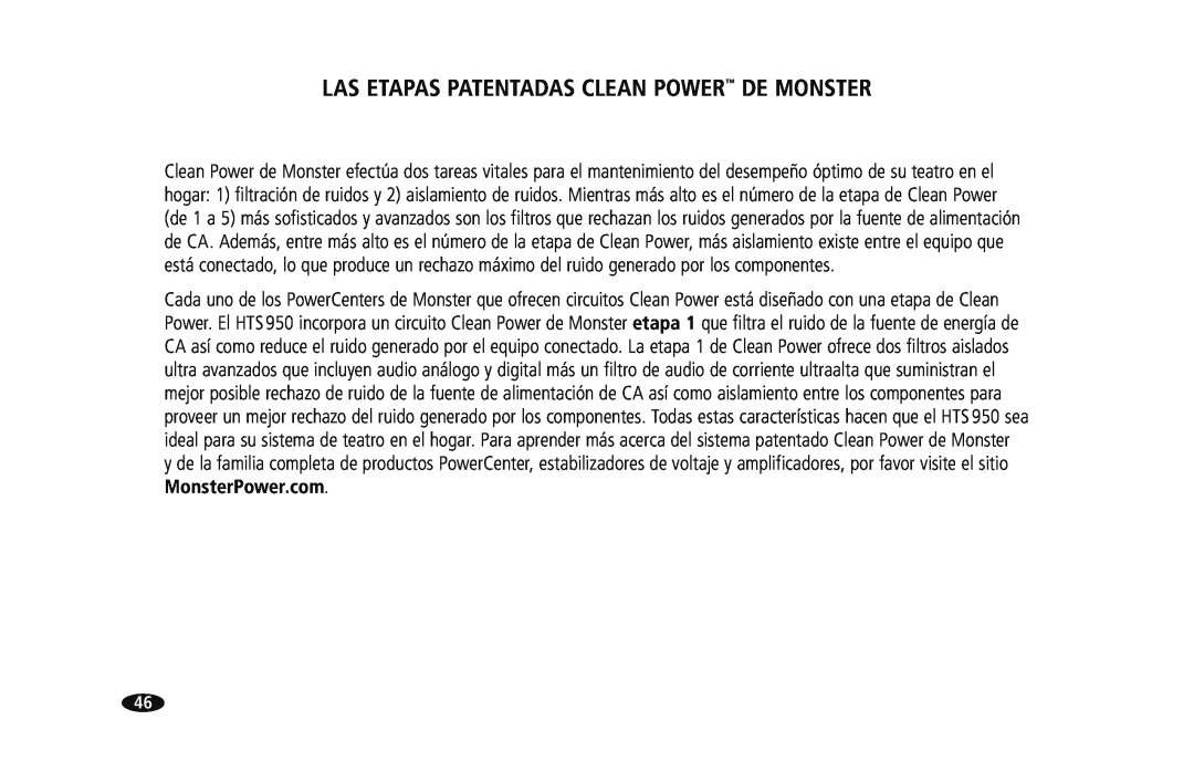 Monster Cable HTS950 owner manual Las Etapas Patentadas Clean Power De Monster 