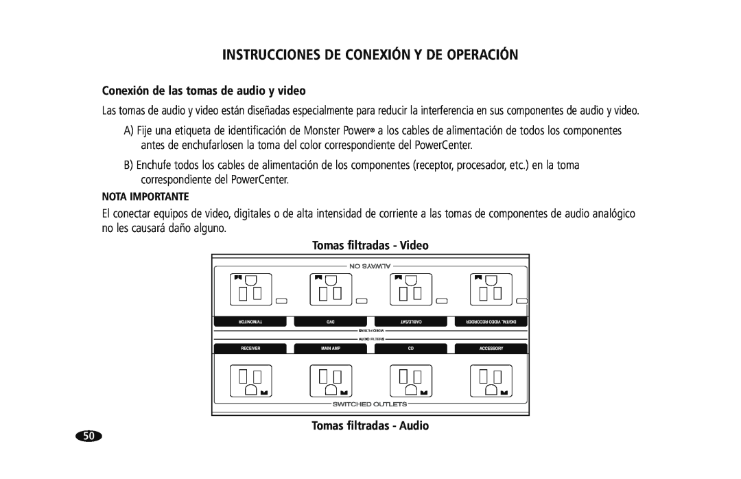 Monster Cable HTS950 owner manual Instrucciones De Conexión Y De Operación, Conexión de las tomas de audio y video 