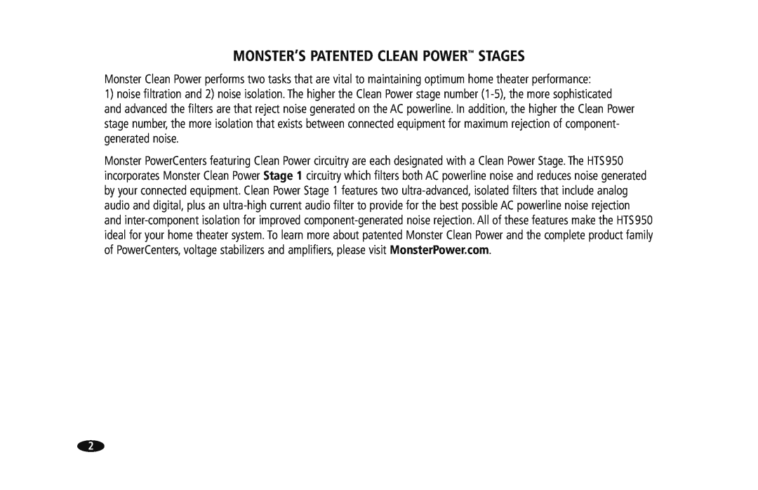 Monster Cable HTS950 owner manual Monster’S Patented Clean Power Stages 