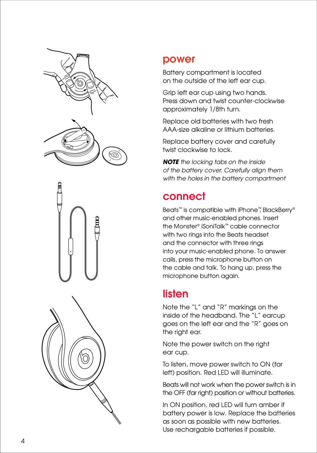 Monster Cable MH BEATS PI OE warranty Power, Connect, Listen 