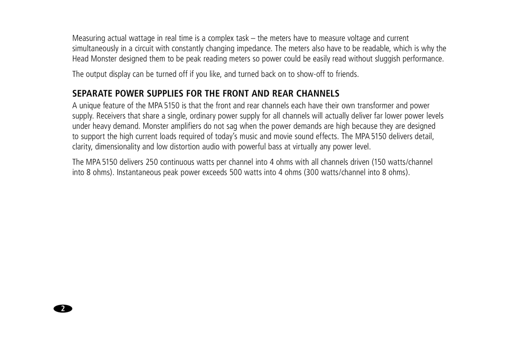 Monster Cable MPA5150 owner manual Separate Power Supplies for the Front and Rear Channels 