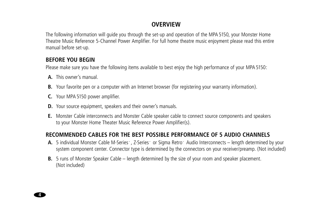 Monster Cable MPA5150 owner manual Overview, Before YOU Begin 