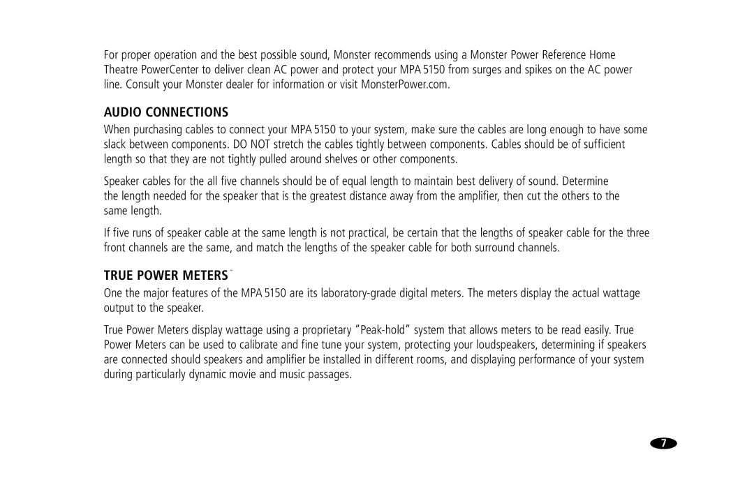 Monster Cable MPA5150 owner manual Audio Connections, True Power Meters 