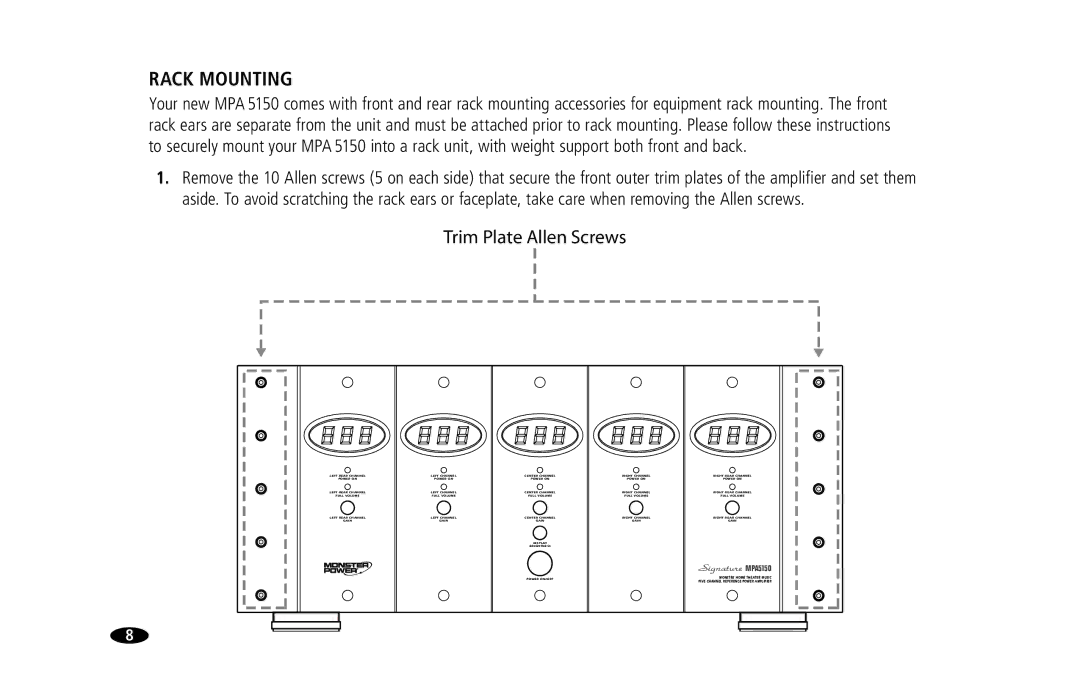 Monster Cable MPA5150 owner manual Rack Mounting, Trim Plate Allen Screws 