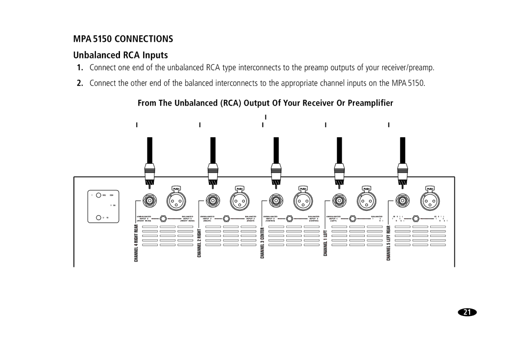 Monster Cable MPA5150 owner manual MPA 5150 Connections, Unbalanced RCA Inputs 