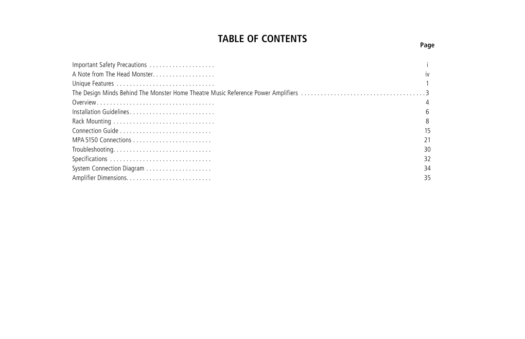 Monster Cable MPA5150 owner manual Table of Contents 