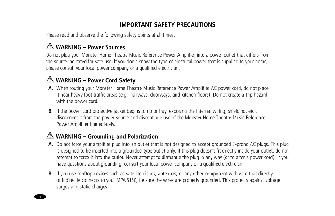 Monster Cable MPA5150 owner manual Important Safety Precautions 