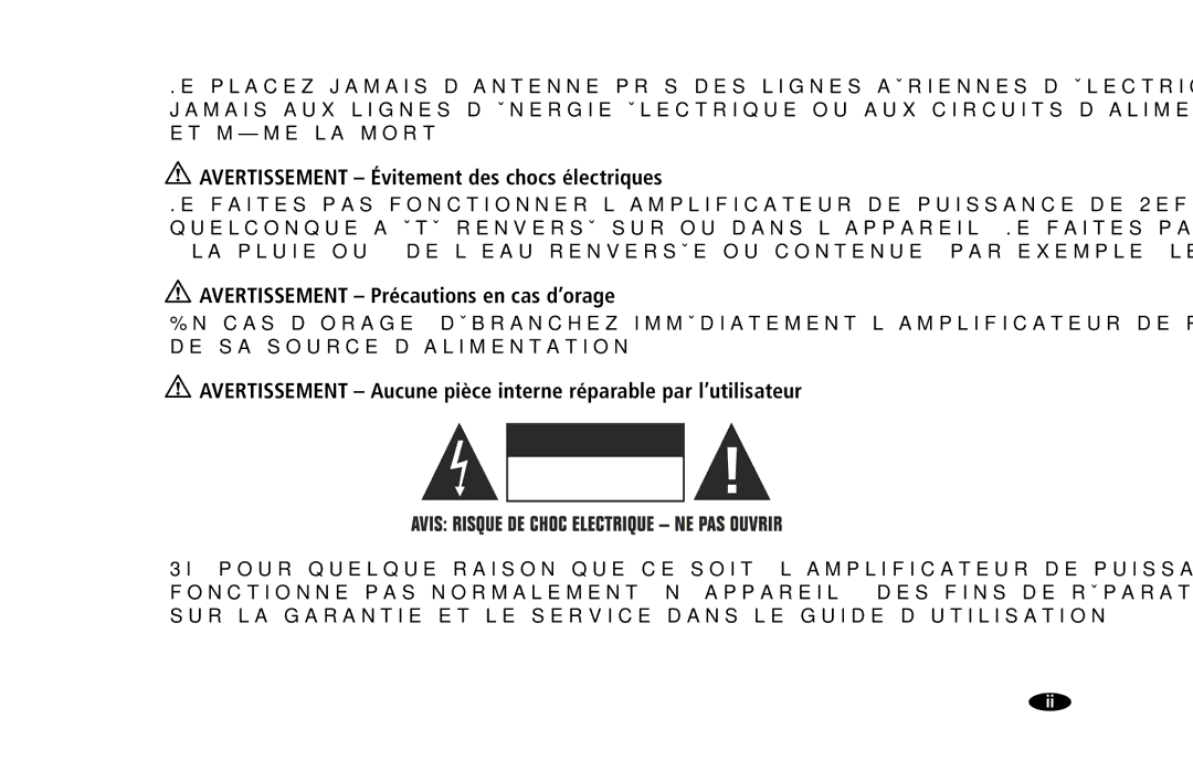 Monster Cable MPA5150 owner manual Avertissement Évitement des chocs électriques, Avertissement Précautions en cas d’orage 