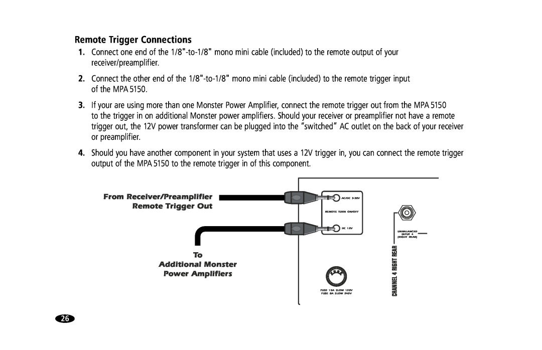 Monster Cable MPA5150 owner manual Remote Trigger Connections, From Receiver/Preamplifier Remote Trigger Out To 