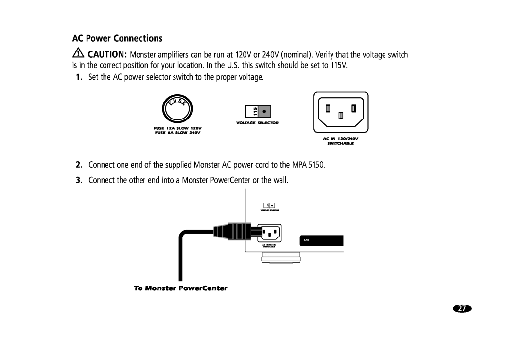 Monster Cable MPA5150 owner manual AC Power Connections, To Monster PowerCenter 
