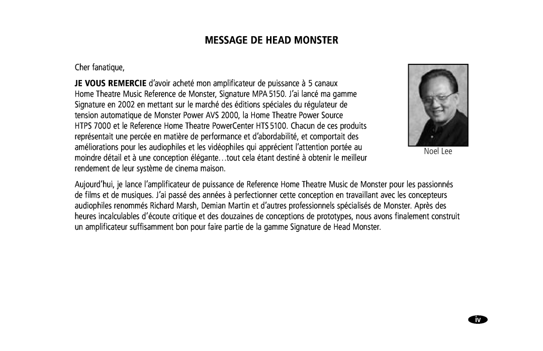 Monster Cable MPA5150 owner manual Message De Head Monster, Cher fanatique, Noel Lee 