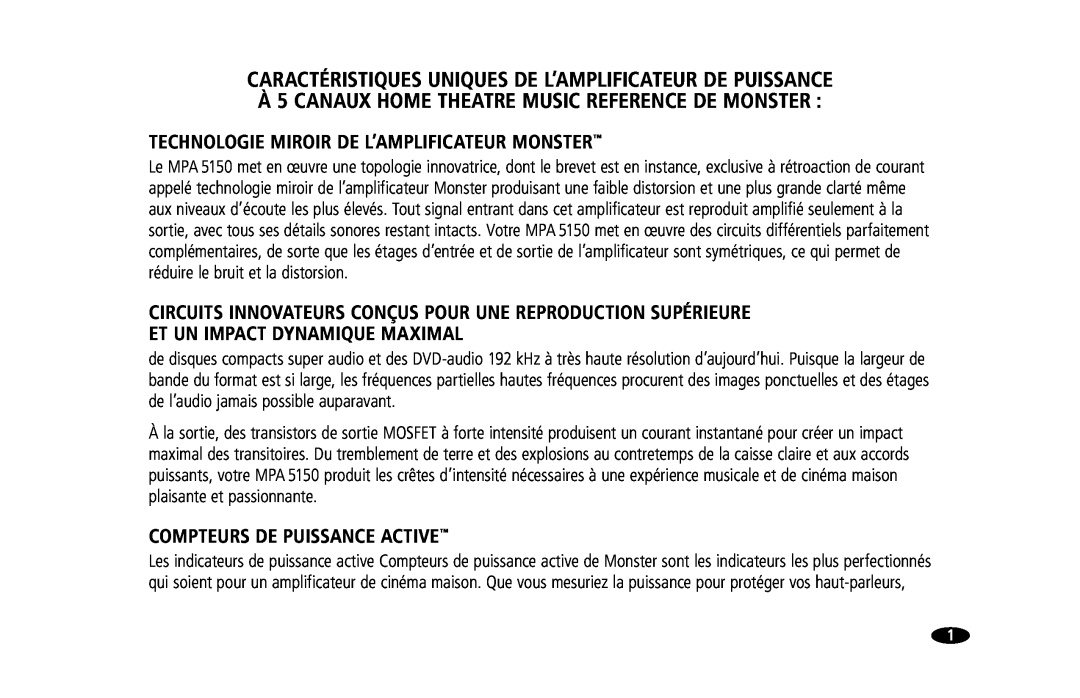 Monster Cable MPA5150 owner manual Technologie Miroir De L’Amplificateur Monster, Compteurs De Puissance Active 