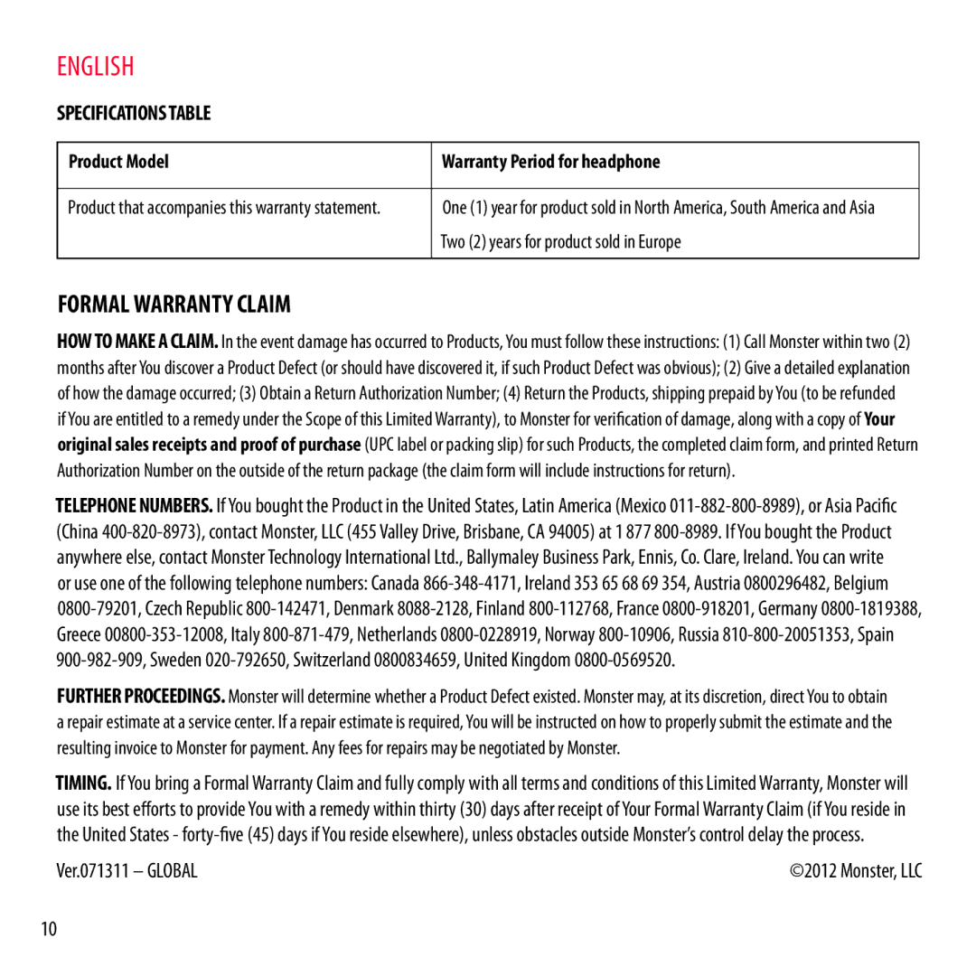 Monster Cable NCMHNTUONCTA warranty Formal Warranty Claim, Ver.071311 Global, Product Model Warranty Period for headphone 