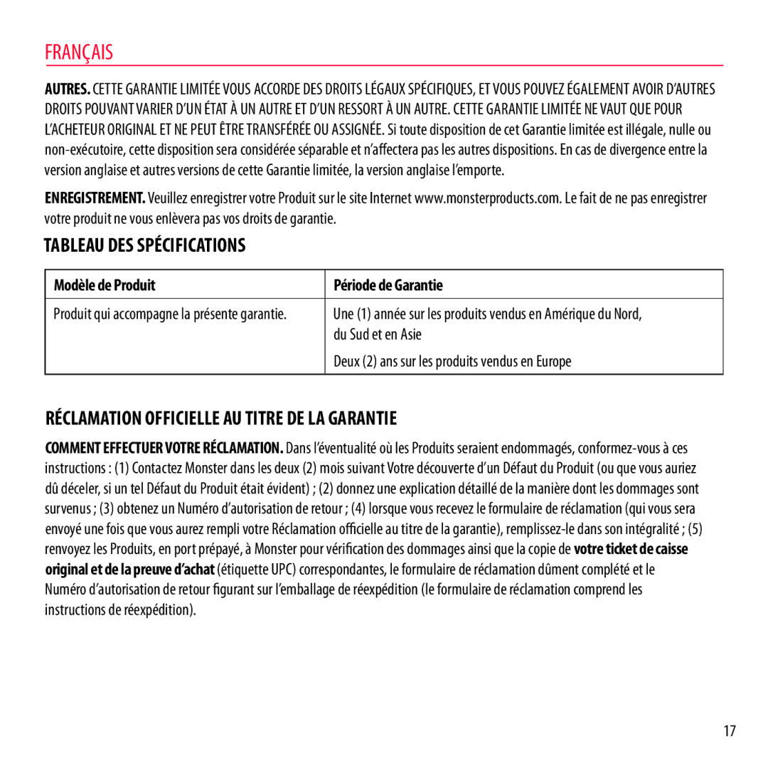 Monster Cable NCMHNTUONCPU Tableau DES Spécifications, Réclamation Officielle AU Titre DE LA Garantie, Du Sud et en Asie 