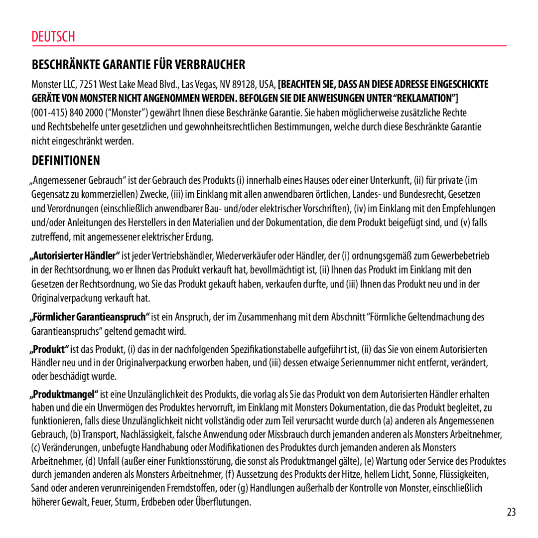 Monster Cable NCMHNTUONCGR, NCMHNTUONCTA, NCMHNTUONCRD, NCMHNTUONCPU Beschränkte Garantie FÜR Verbraucher, Definitionen 