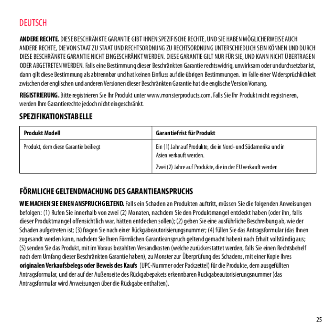 Monster Cable NCMHNTUONCTA, NCMHNTUONCRD warranty Spezifikationstabelle, Förmliche Geltendmachung DES Garantieanspruchs 