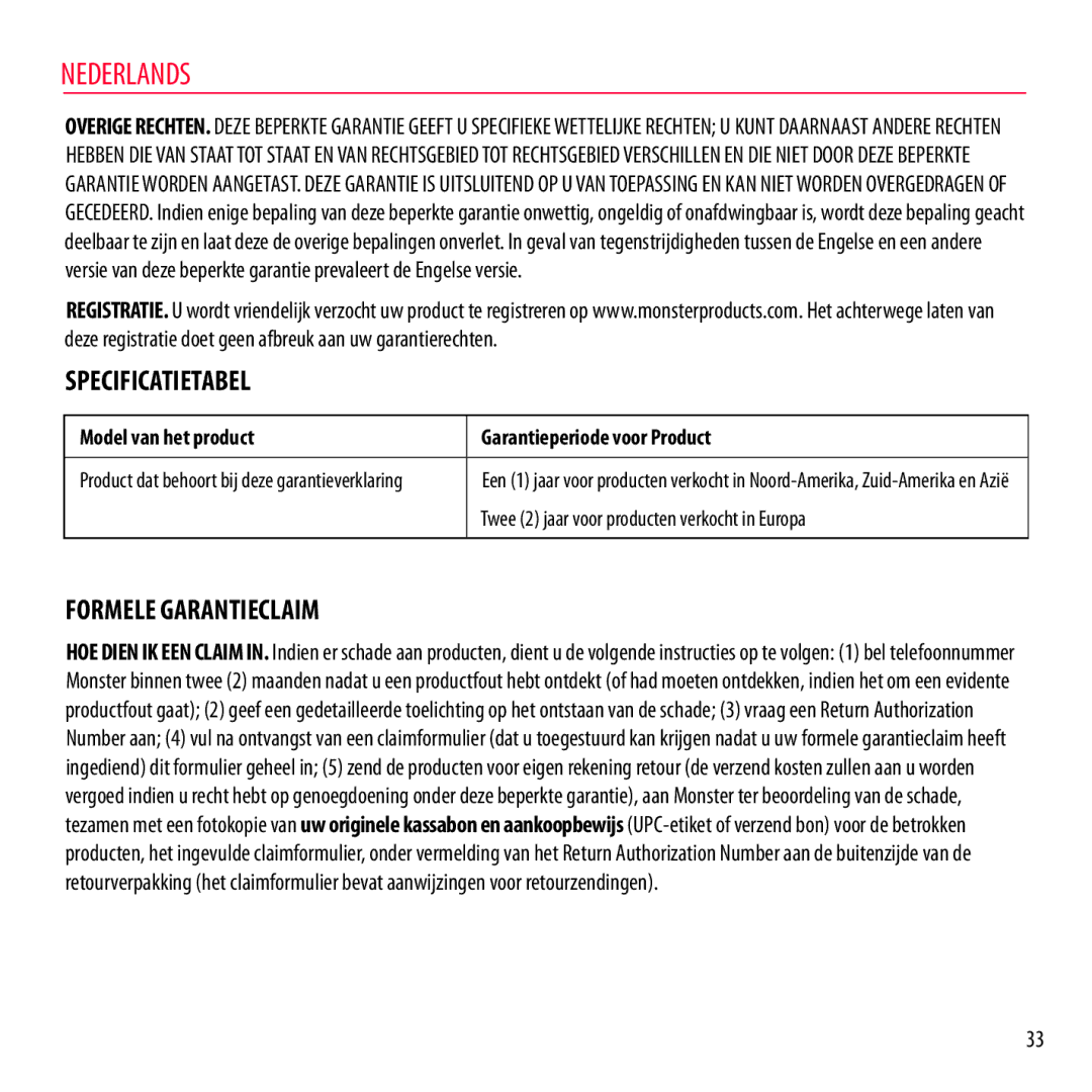 Monster Cable NCMHNTUONCGR Specificatietabel, Formele Garantieclaim, Model van het product Garantieperiode voor Product 