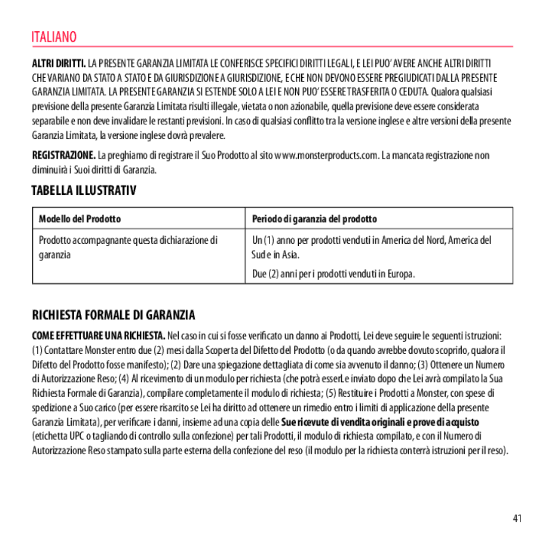 Monster Cable NCMHNTUONCRD, NCMHNTUONCTA, NCMHNTUONCPU, NCMHNTUONCGR Tabella Illustrativ, Richiesta Formale DI Garanzia 