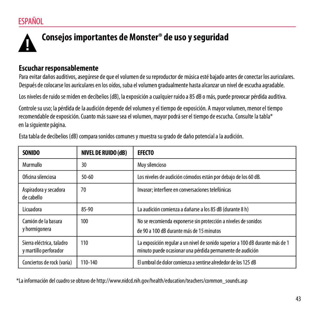 Monster Cable NCMHNTUONCGR, NCMHNTUONCTA Consejos importantes de Monster de uso y seguridad, Escuchar responsablemente 