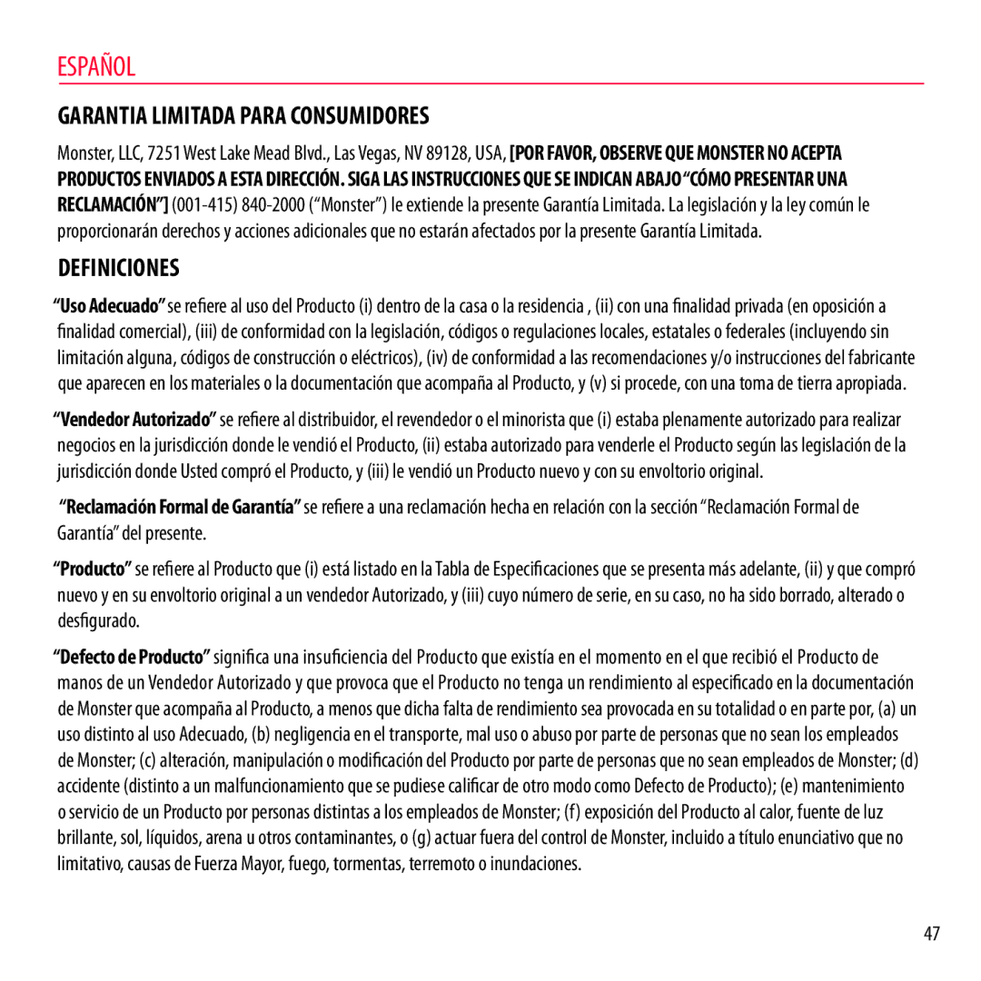 Monster Cable NCMHNTUONCPU, NCMHNTUONCTA, NCMHNTUONCRD, NCMHNTUONCGR Garantia Limitada Para Consumidores, Definiciones 