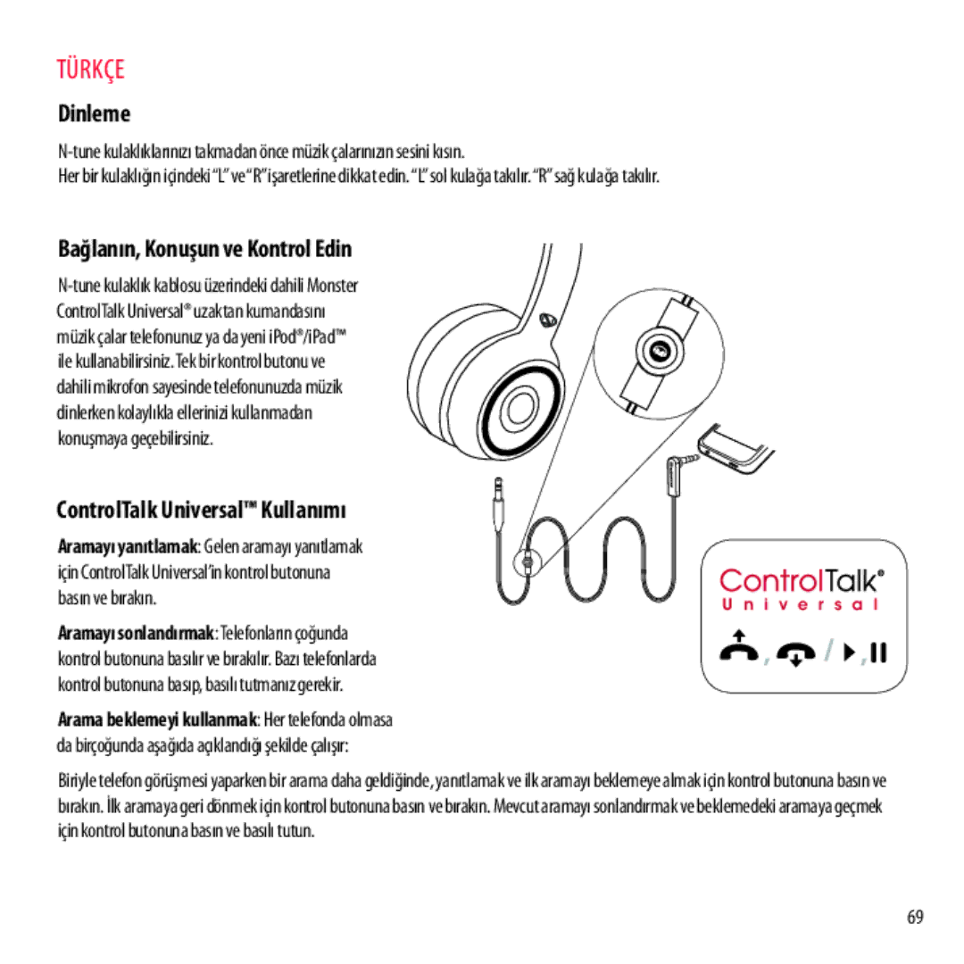 Monster Cable NCMHNTUONCBL, NCMHNTUONCTA Dinleme, Bağlanın, Konuşun ve Kontrol Edin, ControlTalk Universal Kullanımı 