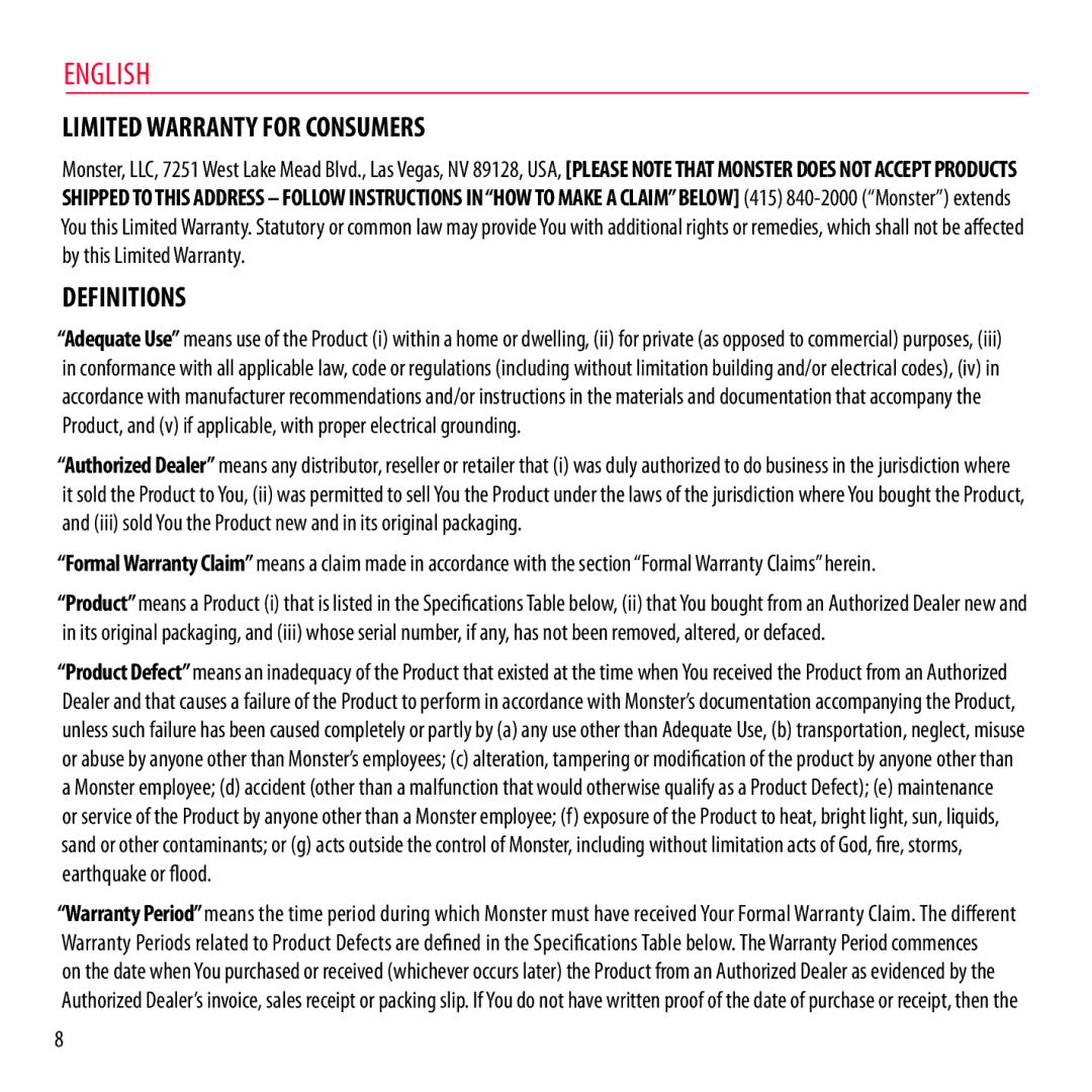 Monster Cable NCMHNTUONCGR, NCMHNTUONCTA, NCMHNTUONCRD, NCMHNTUONCPU warranty Limited Warranty for Consumers, Definitions 