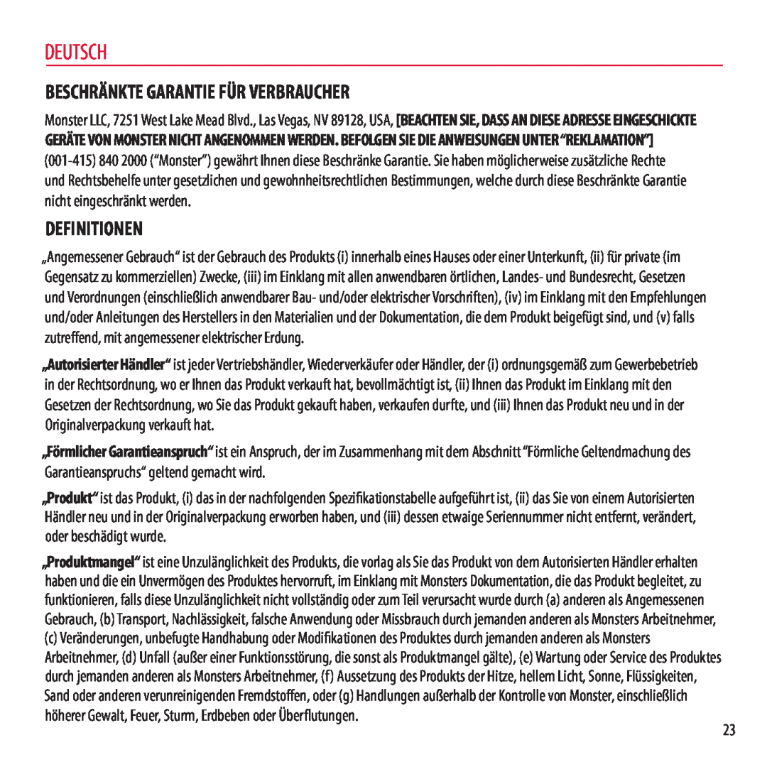Monster Cable NCMHNTUONCGR, NCMHNTUONCTA, NCMHNTUONCRD warranty Deutsch, Beschränkte Garantie Für Verbraucher, Definitionen 