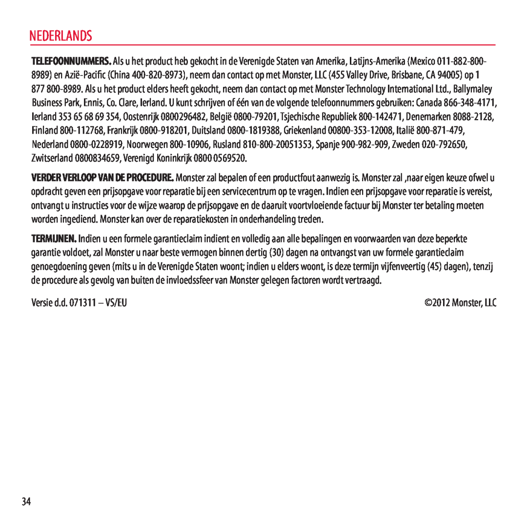 Monster Cable NCMHNTUONCBL, NCMHNTUONCTA, NCMHNTUONCRD, NCMHNTUONCPU Nederlands, Versie d.d. 071311 – VS/EU, Monster, LLC 
